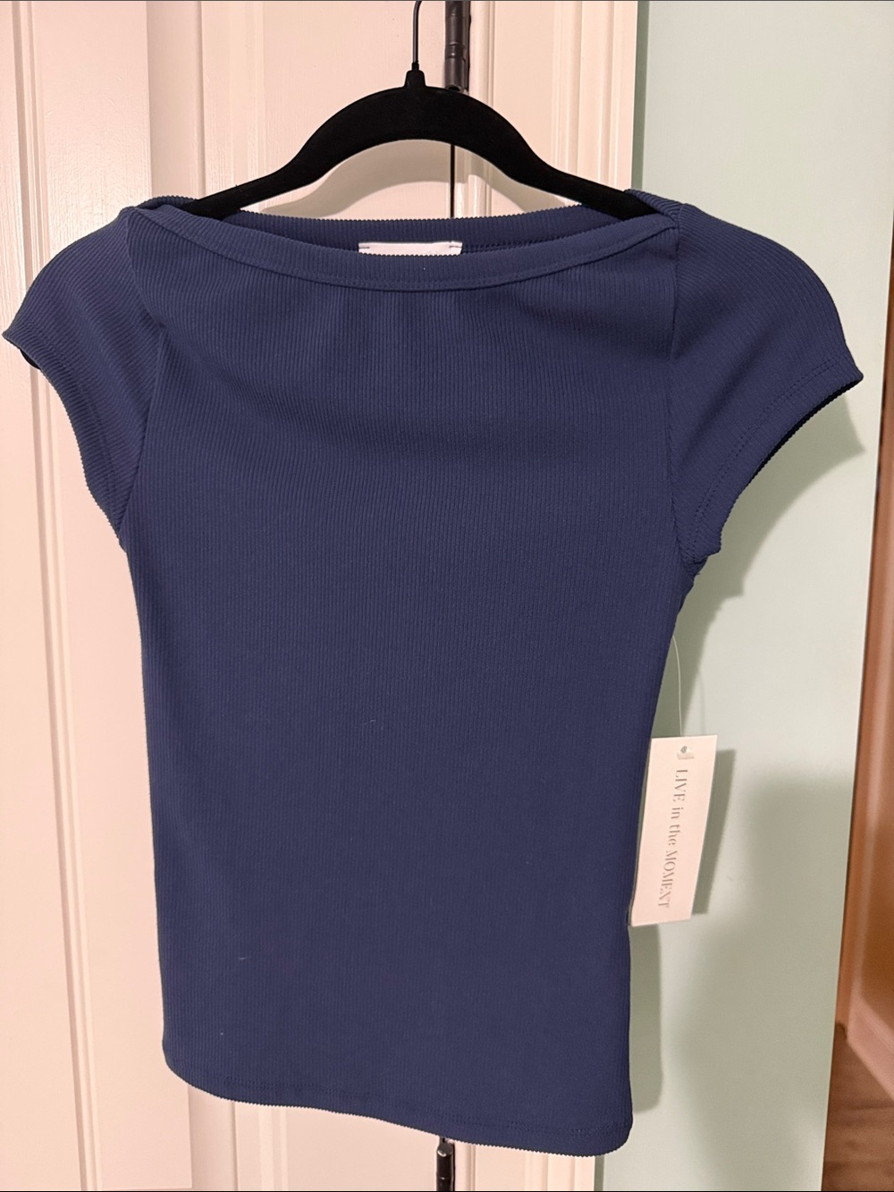 Women’s Navy Ribbed Cap-Sleeve Tee